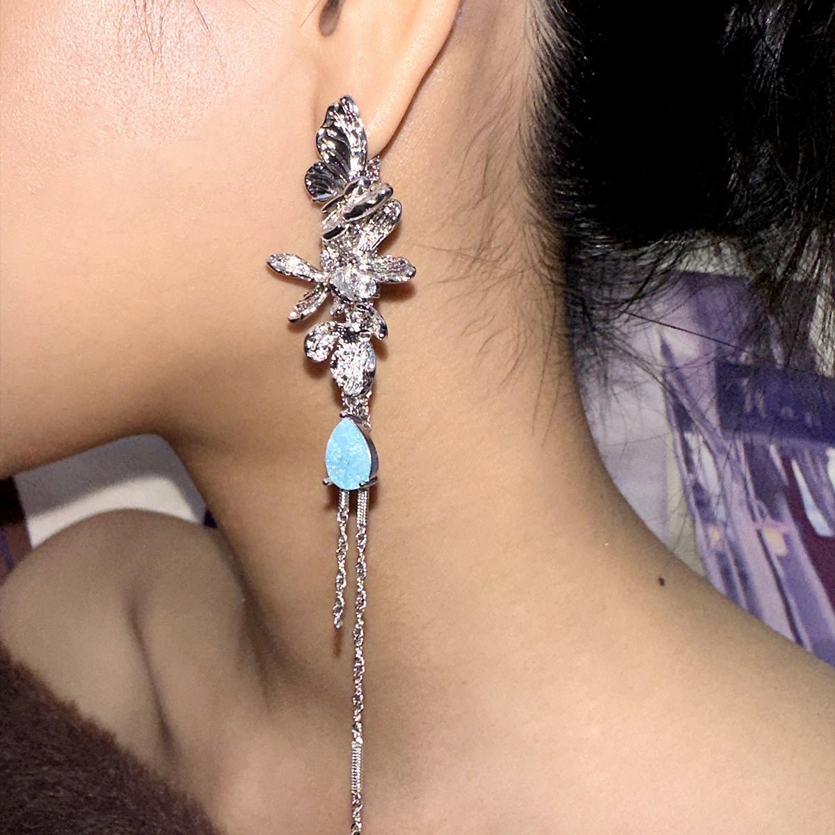 Butterfly tassel flower earrings: Light beauty, jump in the ear