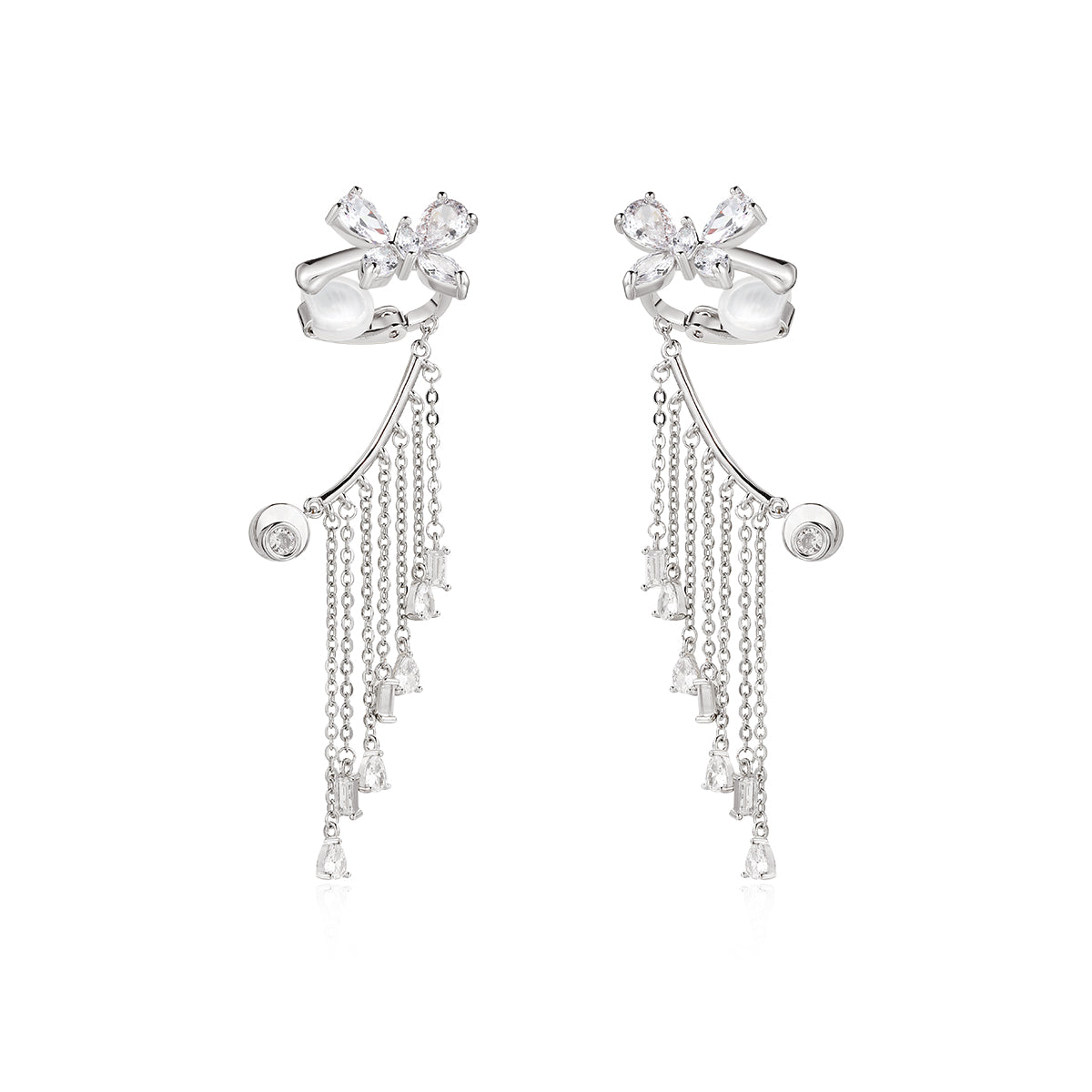 Butterfly stud earrings with tassel and diamond